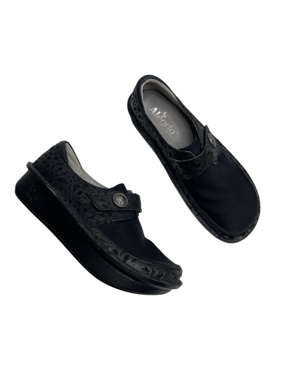 Alegria Womens Brenna Black Slip-On Shoes Embossed Floral Detail Size 36 EU